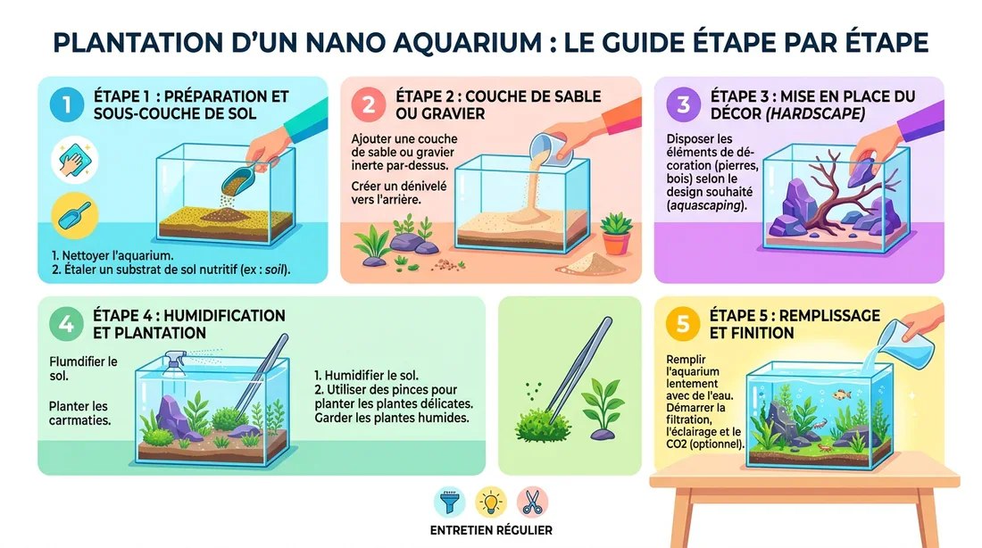 Infographie illustrant les étapes de plantation d'un nano aquarium