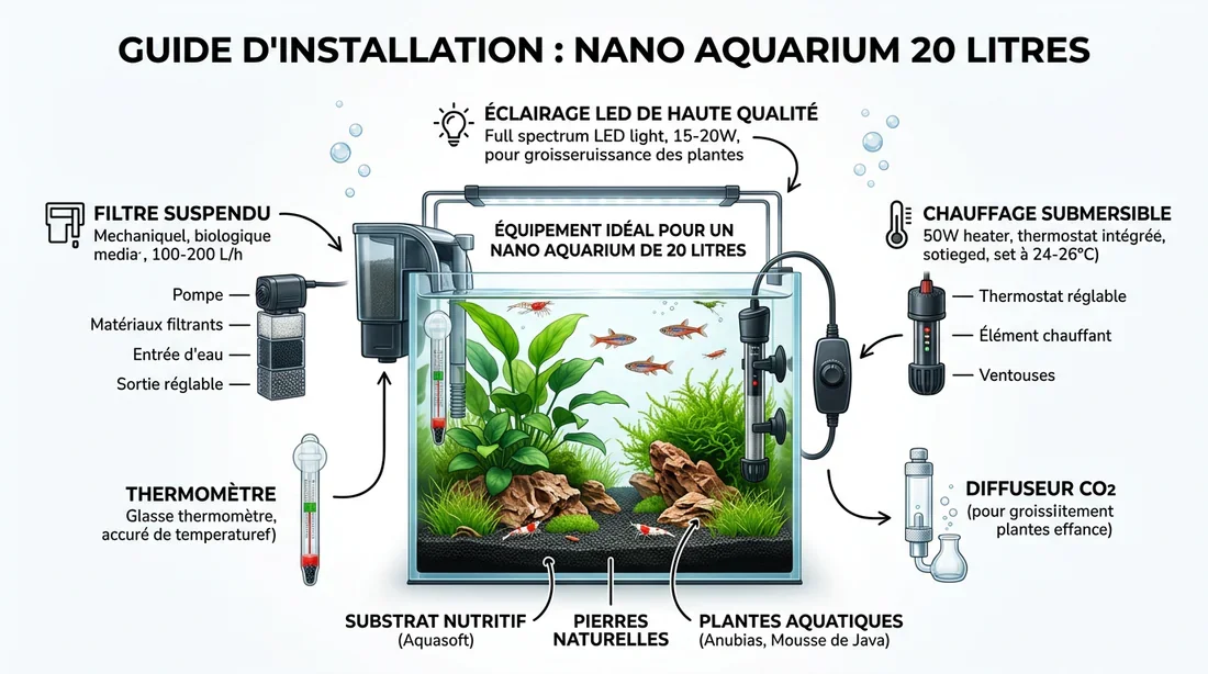 Schéma explicatif de l'équipement nécessaire pour un nano aquarium de 20 litres