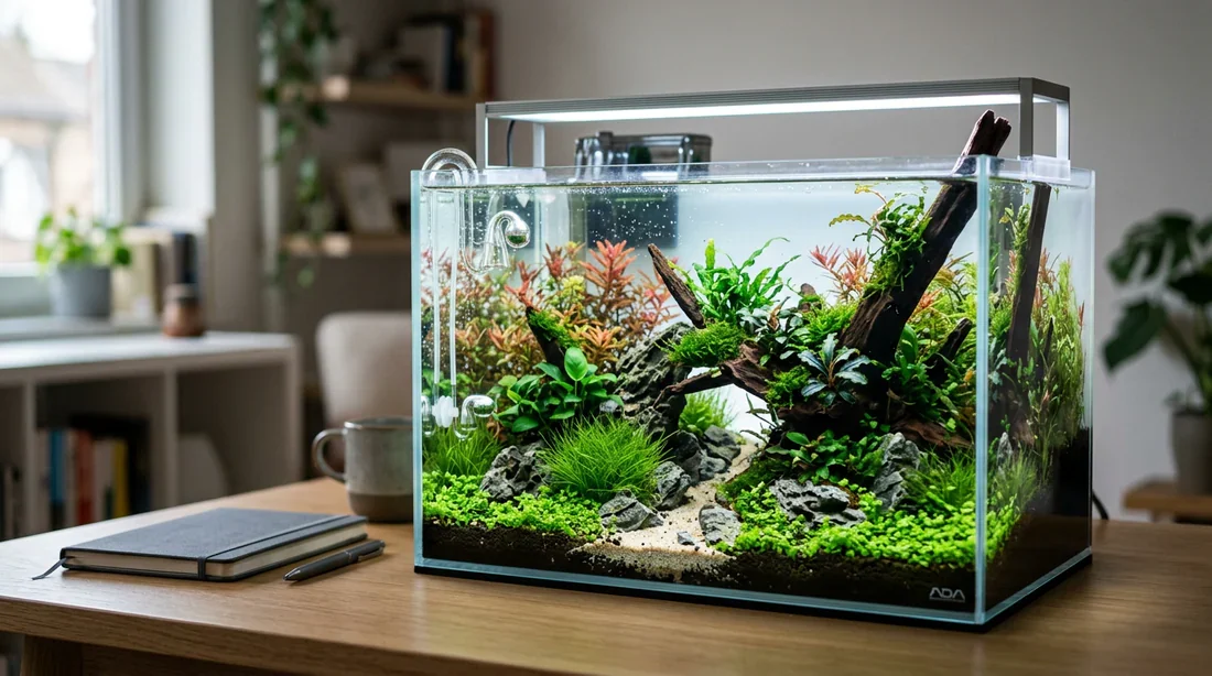 Un nano aquarium de 20 litres magnifiquement planté sur un bureau moderne