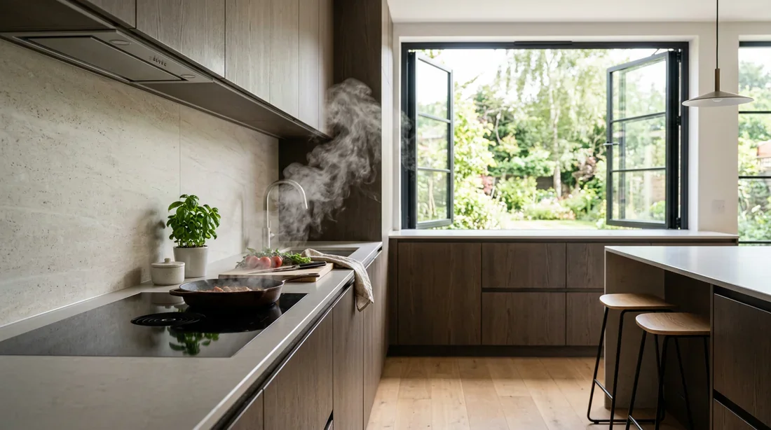 Cuisine moderne lumineuse sans hotte avec évacuation naturelle de la vapeur