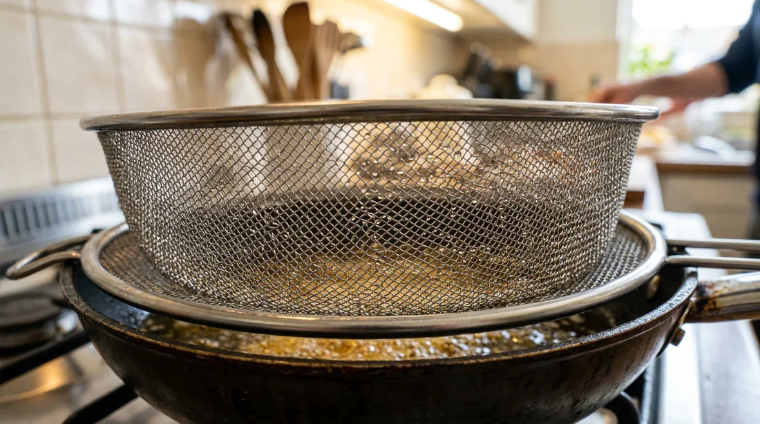 Détail d'une grille anti-projections en métal sur une poêle
