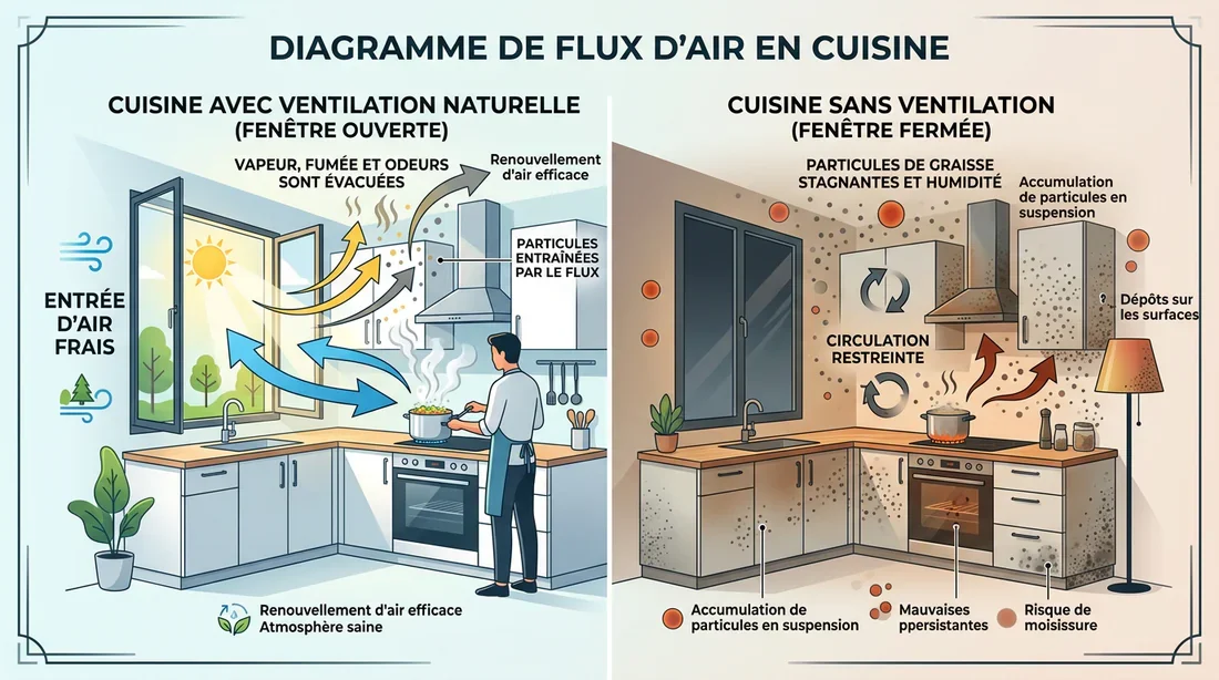 Schéma explicatif de la ventilation naturelle et évacuation des graisses en cuisine