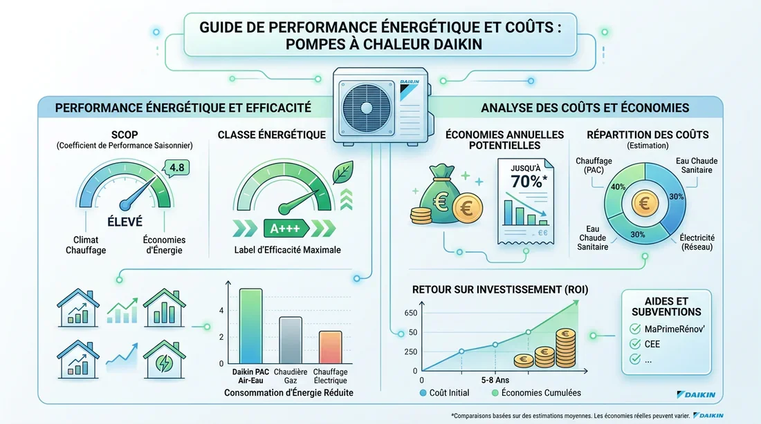 Comparatif des coûts et économies Daikin Infographie expliquant les performances énergétiques et le coût d'une pompe à chaleur Daikin