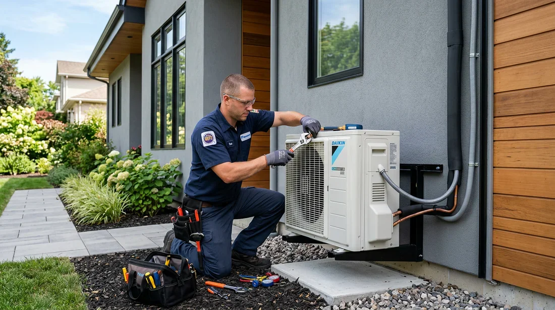 Installation unité extérieure Daikin Technicien réalisant l'installation d'une unité extérieure de climatisation Daikin