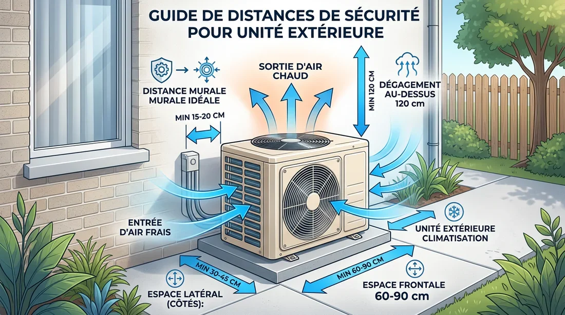 Schéma des distances de sécurité et d'aération pour climatiseur extérieur