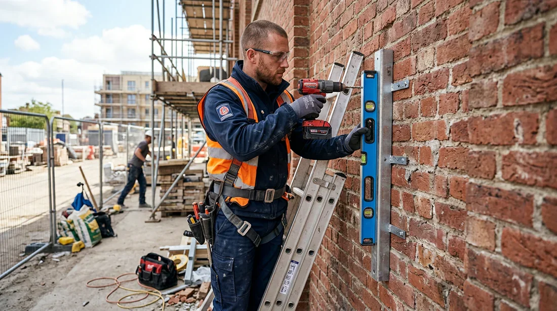 Technicien installant les équerres de fixation au niveau à bulle sur le mur