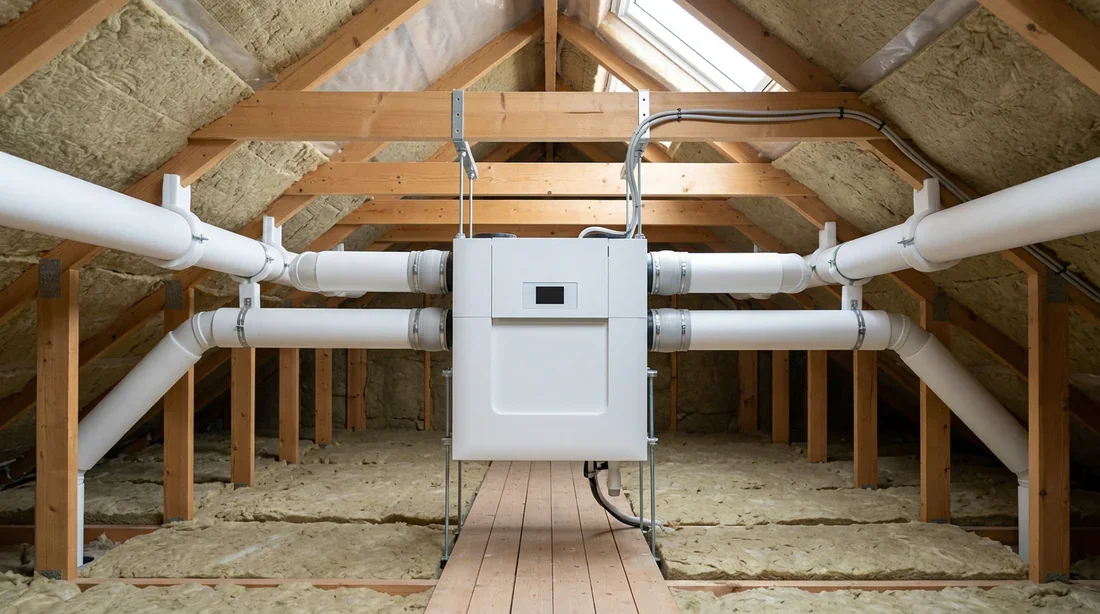 Installation de VMC en combles Caisson de VMC installé dans des combles isolés