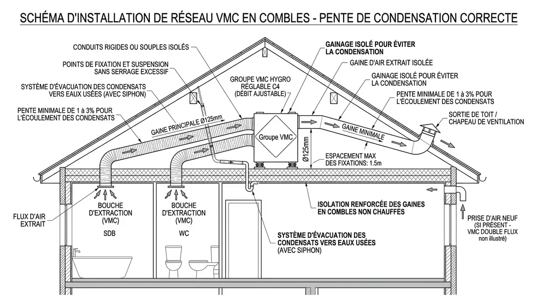 Schéma de pose des gaines Schéma d'installation correcte de gaines de VMC