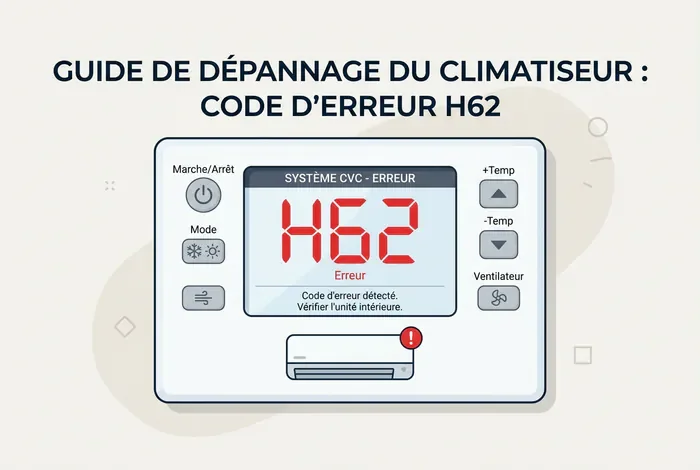 Infographie du code erreur H62 sur une télécommande de climatiseur