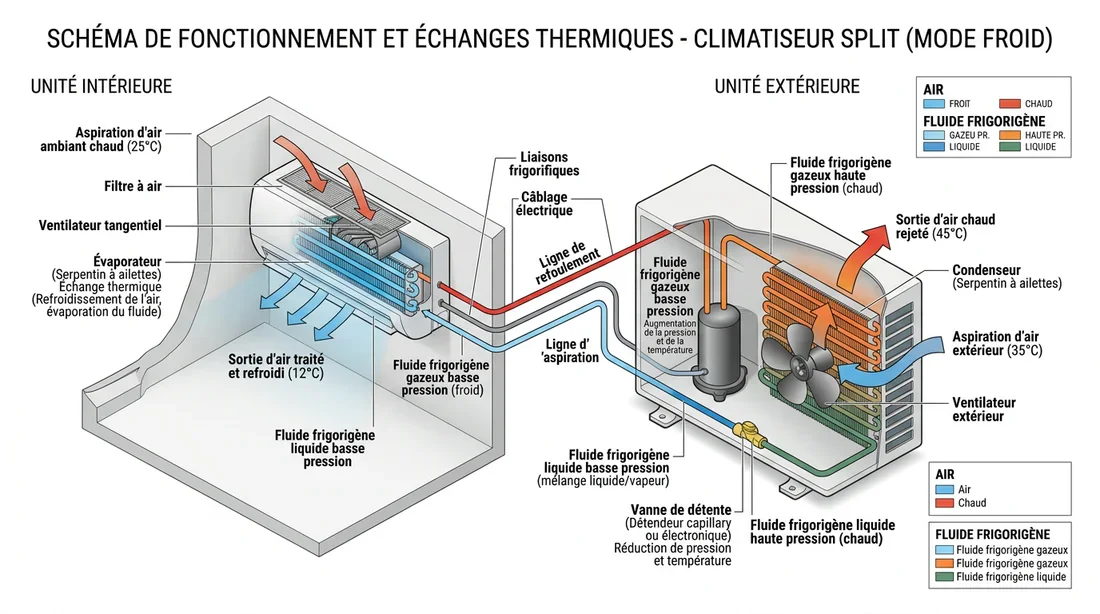 Schéma technique expliquant le fonctionnement interne d'un climatiseur