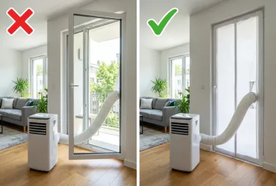 Comparaison entre porte-fenêtre ouverte sans isolation et calfeutrage étanche avec kit zippé