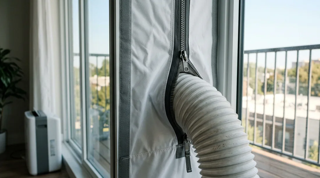 Gros plan sur la fermeture éclair d'un kit de calfeutrage textile entourant la gaine du climatiseur