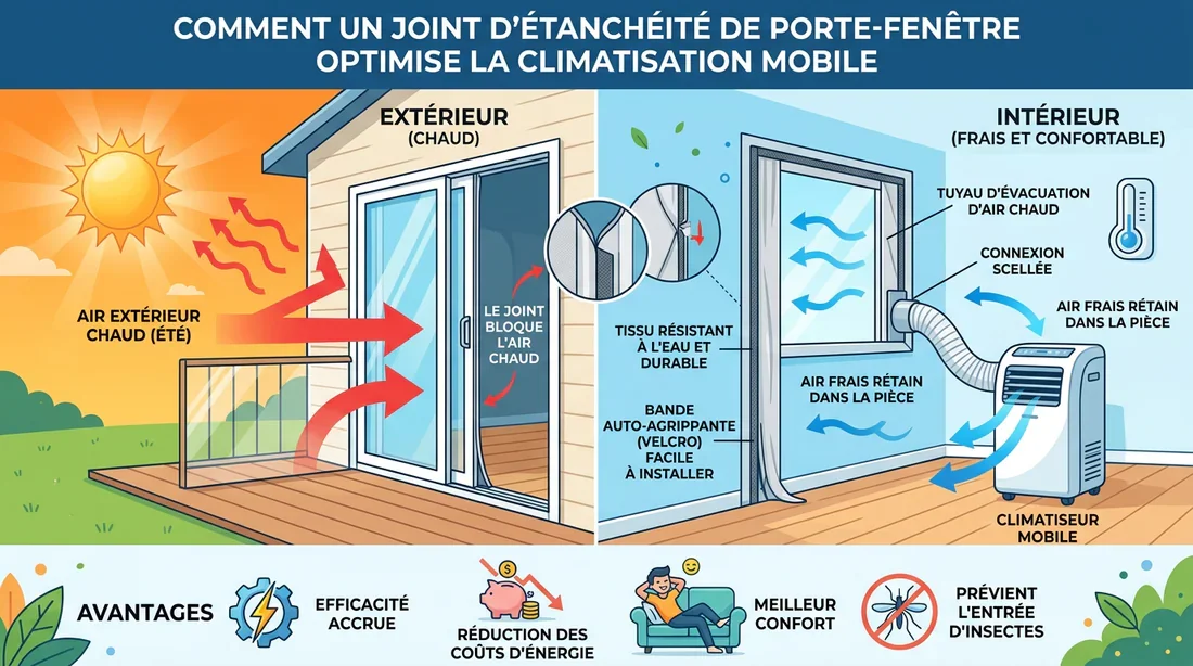 Infographie explicative du flux d'air chaud bloqué par le kit de calfeutrage