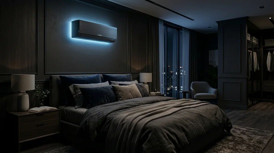 Dormir avec la climatisation la nuit Chambre à coucher moderne dans la pénombre avec un climatiseur mural émettant une lumière bleutée au-dessus du lit