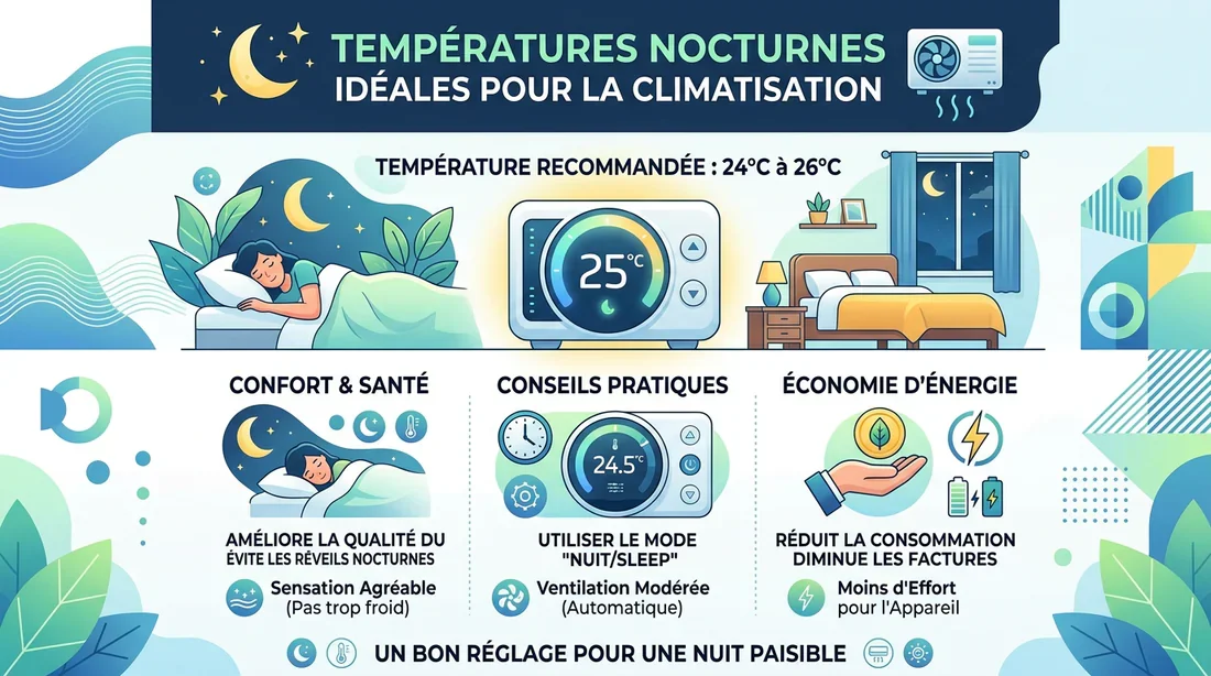 Réglage de la température idéale pour la nuit Infographie montrant la température idéale et le mode nuit pour le climatiseur