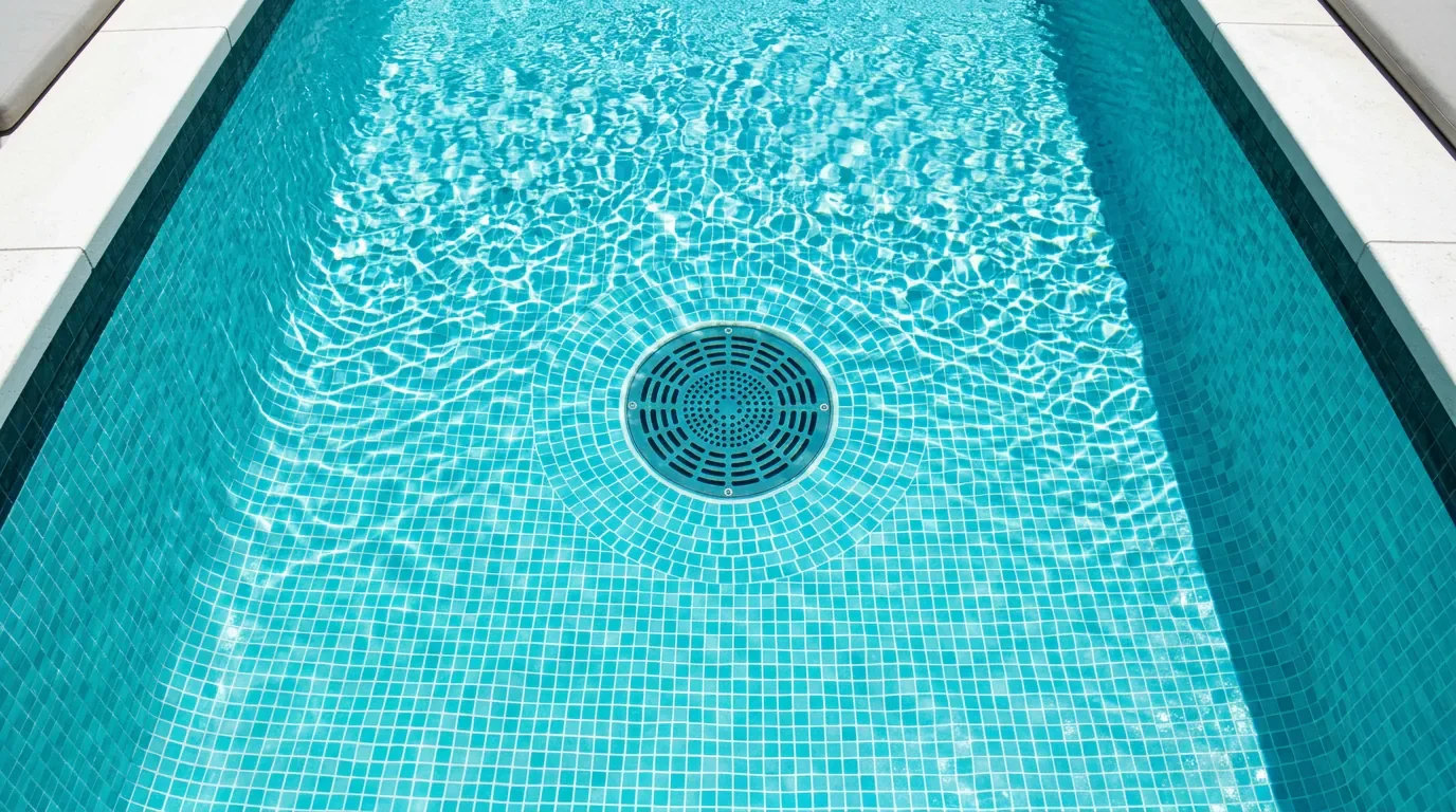 Vue plongeante sur une bonde de fond de piscine dans une eau cristalline avec reflets de soleil.