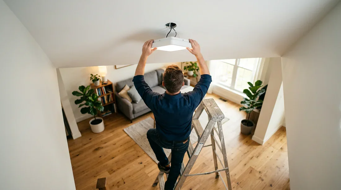 Comment installer un plafonnier sans percer le plafond Installation d'un plafonnier sans perceuse par un particulier sur un escabeau