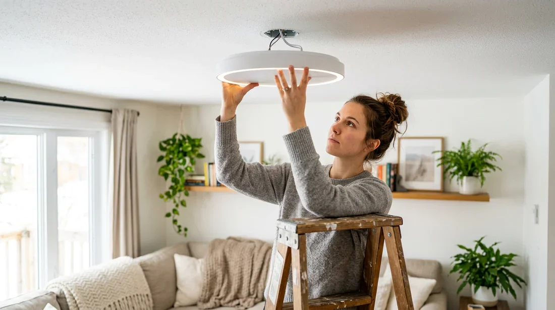 Mise en place et maintien du luminaire Maintenir le plafonnier pendant le séchage de la colle