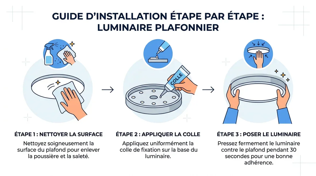Étapes de pose d'un plafonnier sans perçage Schéma des étapes pour poser un luminaire sans percer