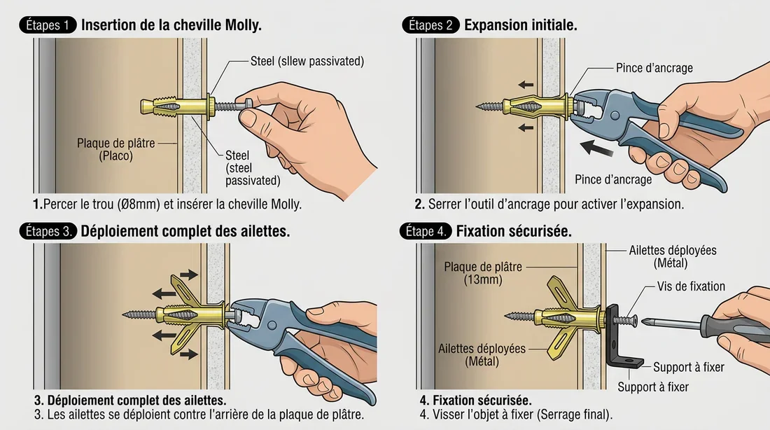 Fonctionnement de la fixation par cheville Molly Infographie montrant le fonctionnement d'une cheville Molly derrière un plafond