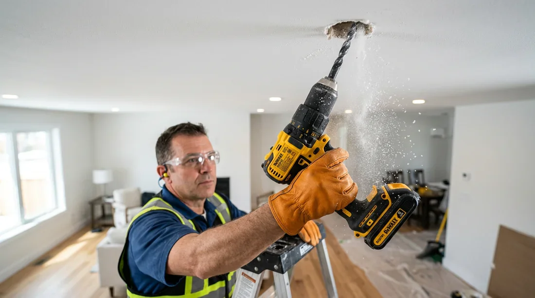 Étape du perçage du plafond pour la fixation Perçage du plafond pour l'installation d'un ventilateur