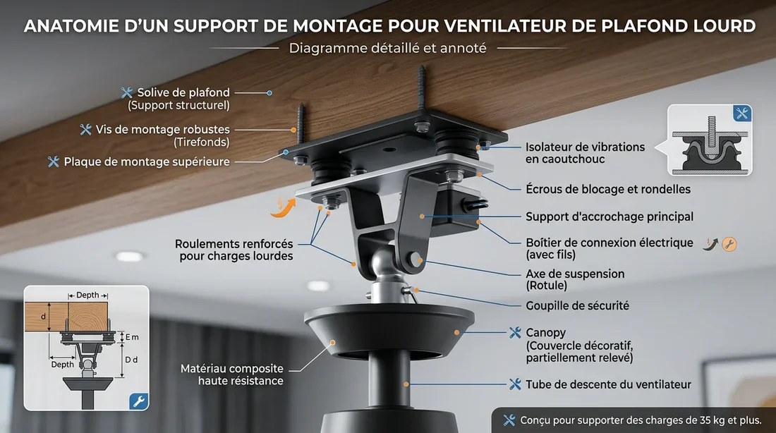Schéma des éléments de fixation au plafond Schéma technique des composants de fixation d'un ventilateur au plafond