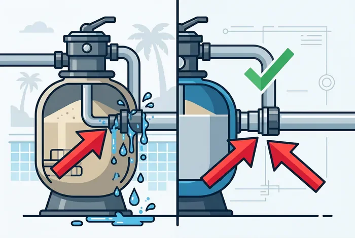 Comparaison avant après d'une réparation de fuite sur filtre à sable
