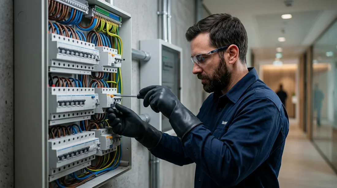 Électricien professionnel manipulant un tableau électrique moderne