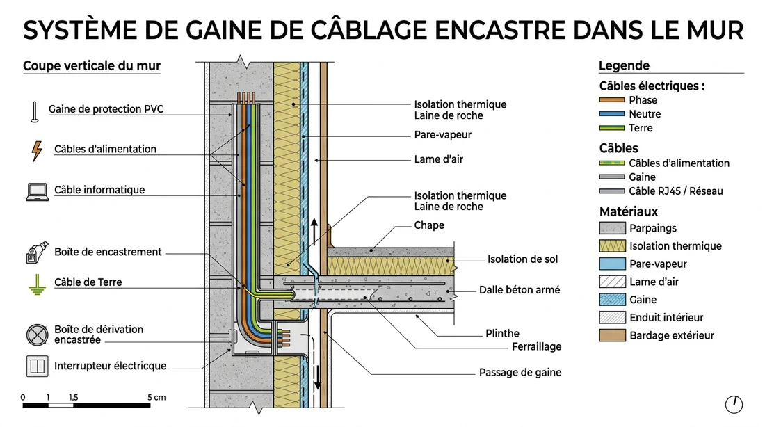 Schéma technique de passage de câbles dans un mur