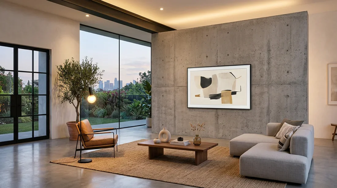 Télévision ultra-plate fixée au mur dans un salon moderne sans câbles visibles