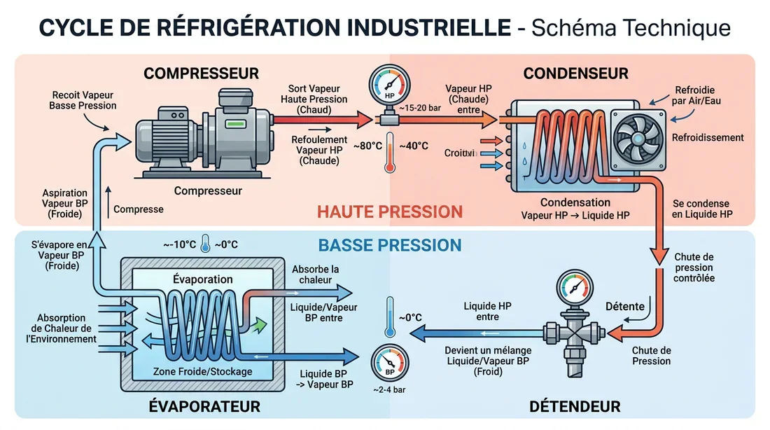 Schéma explicatif du circuit frigorifique Schéma technique du circuit frigorifique illustrant la haute pression