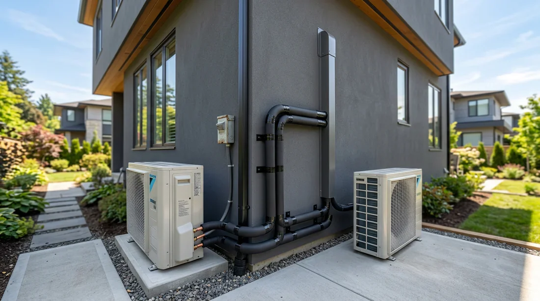 Résultat final d'une isolation thermique optimale Installation complète et propre d'isolation de tuyaux de pompe à chaleur extérieure