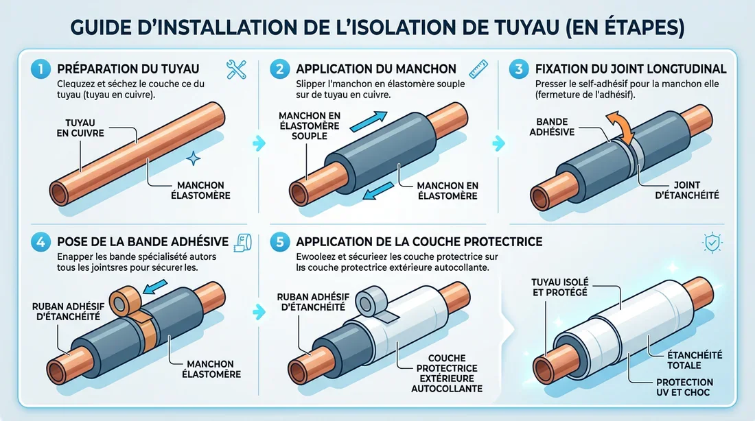 Schéma des étapes pour isoler un tuyau Schéma des étapes de pose d'un manchon d'isolation thermique sur tuyauterie