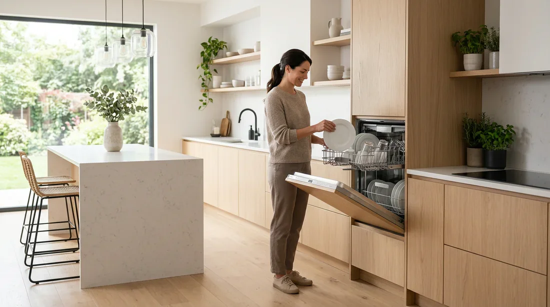 Cuisine moderne 2026 avec lave-vaisselle ergonomique intégré en hauteur
