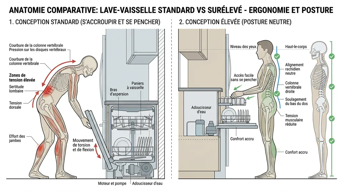 Schéma technique comparatif des postures de chargement de lave-vaisselle