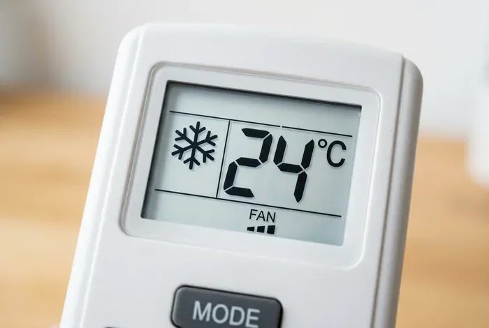 Gros plan sur l'écran de la télécommande Fujitsu affichant 24°C et le symbole flocon