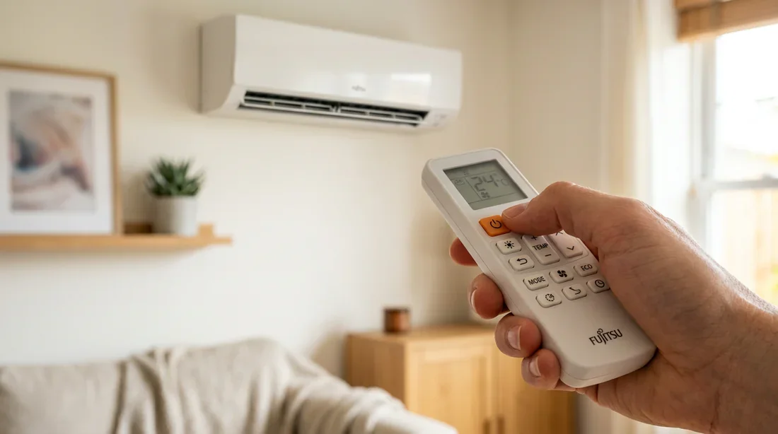 Utilisation et réglage de la télécommande Fujitsu Main tenant la télécommande Fujitsu orientée vers le climatiseur