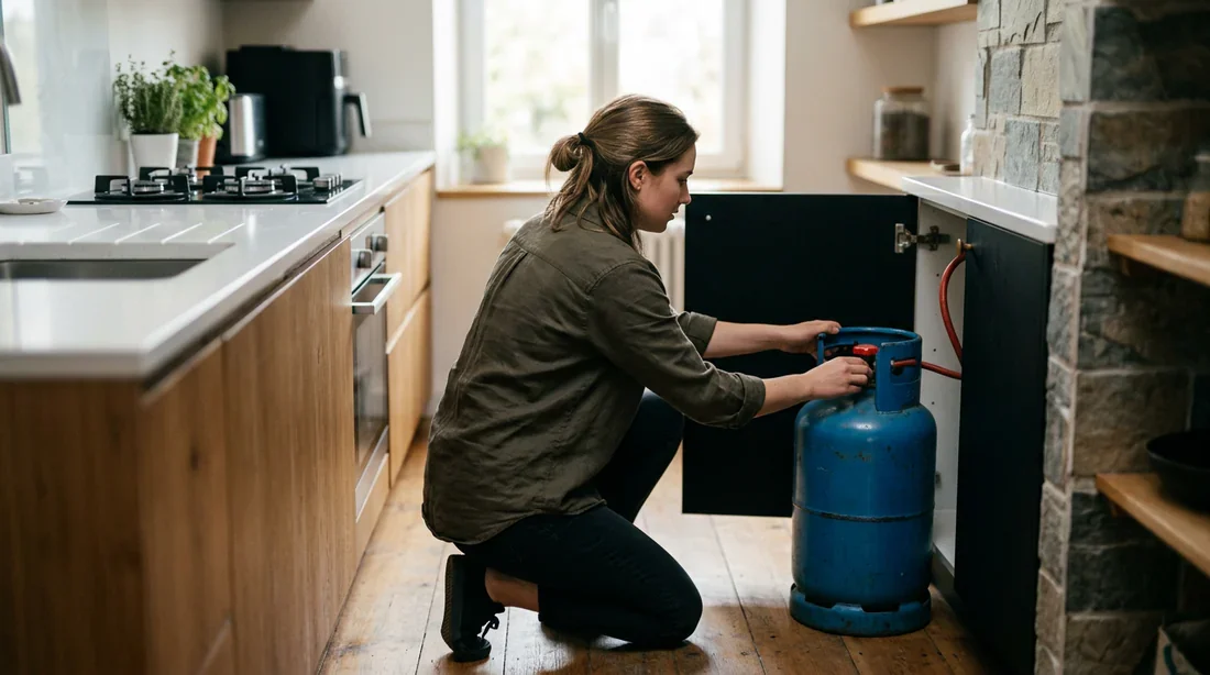 Personne vérifiant une bouteille de gaz dans une cuisine