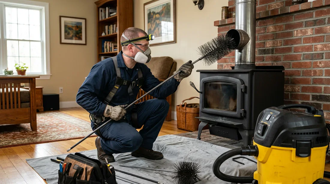 Expert effectuant le ramonage d'un poêle à bois