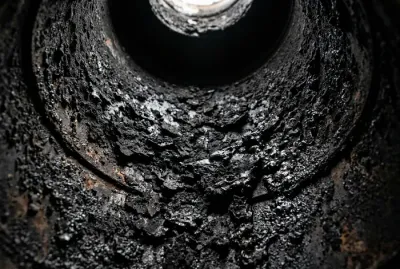 Gros plan sur l'intérieur d'un conduit de poêle à bois encrassé