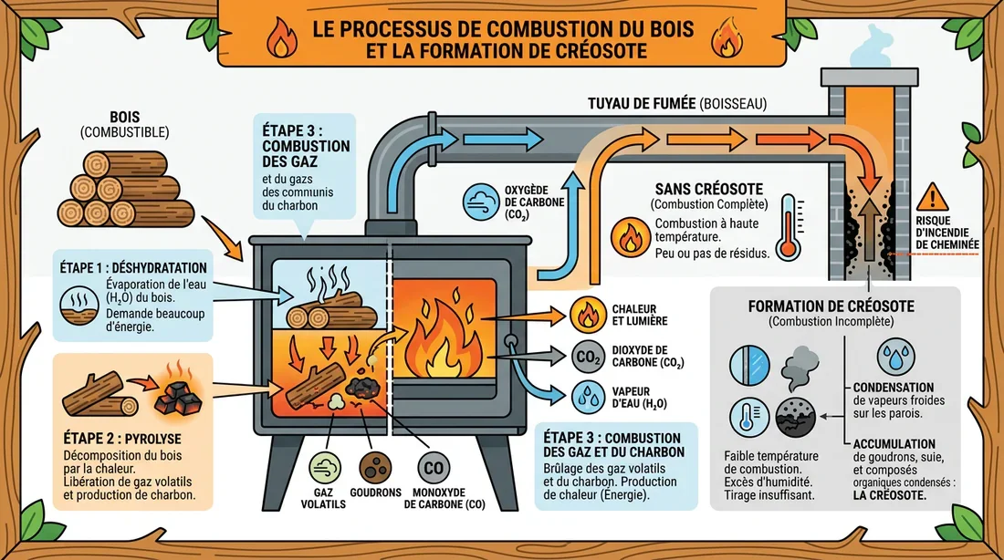 Schéma explicatif de la formation du bistre dans les conduits de cheminée