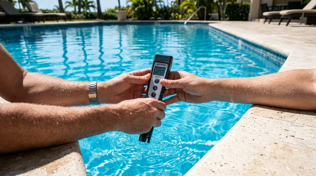 Mesure de la salinité de l'eau de piscine Contrôle du taux de sel dans l'eau de la piscine avec un testeur numérique