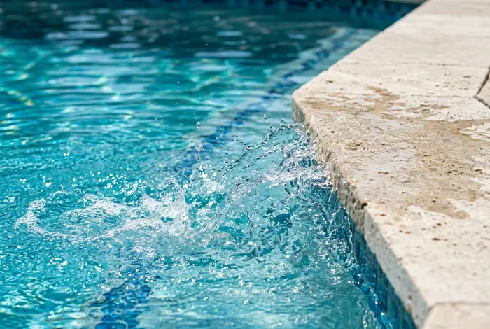 Détail de l'eau claire d'une piscine au sel et sa margelle