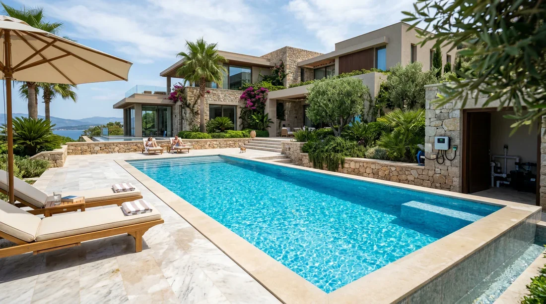 Traitement au sel pour piscine moderne Piscine moderne avec eau cristalline et électrolyseur au sel en arrière-plan