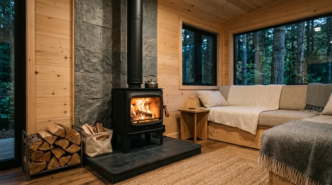 Modèle de poêle à bois compact avec plaque de protection murale dans une Tiny House.