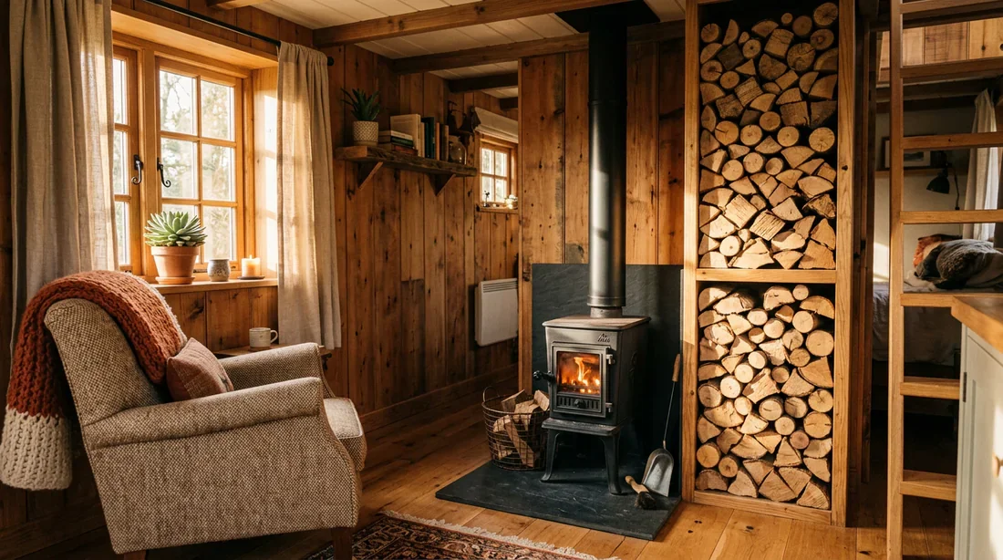 Rangement optimisé des bûches de bois à l'intérieur d'une Tiny House.