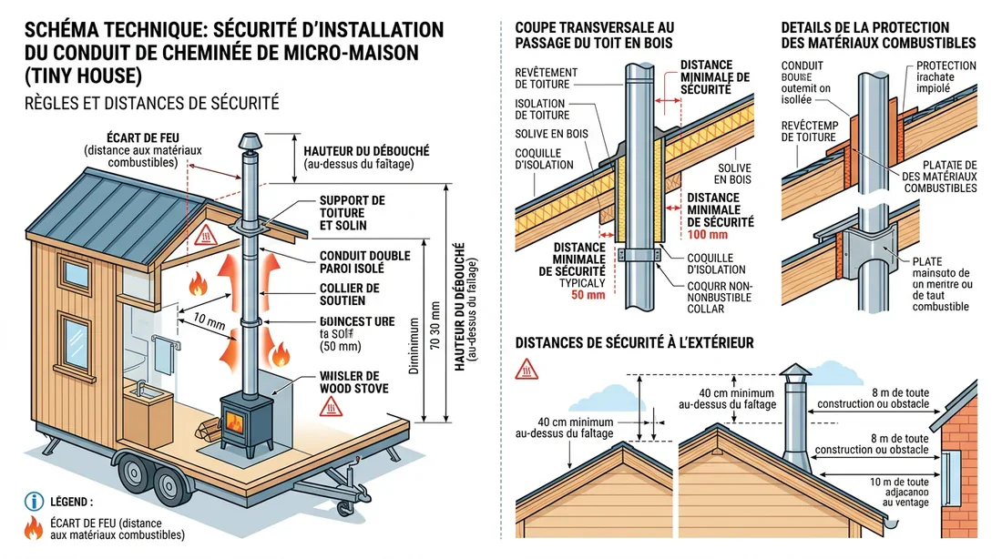 Schéma d'installation et de sécurité pour le conduit de cheminée d'une Tiny House.