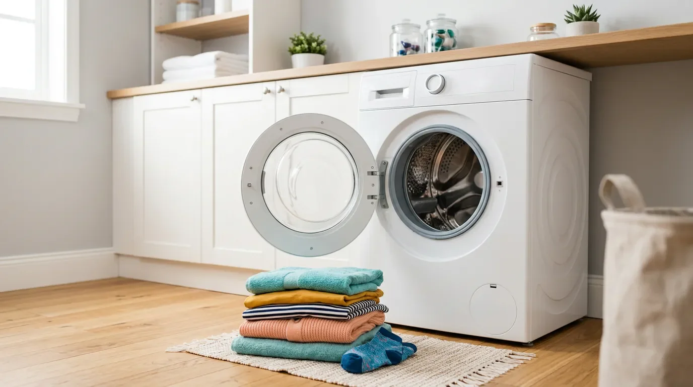 Machine à laver ouverte avec une pile de linge sec et propre prête à être chargée.