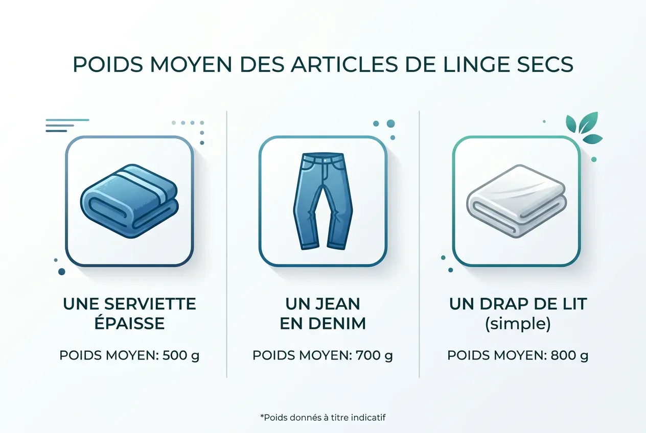 Tableau illustré du poids moyen de différents articles de linge sec (jean, serviette, drap).