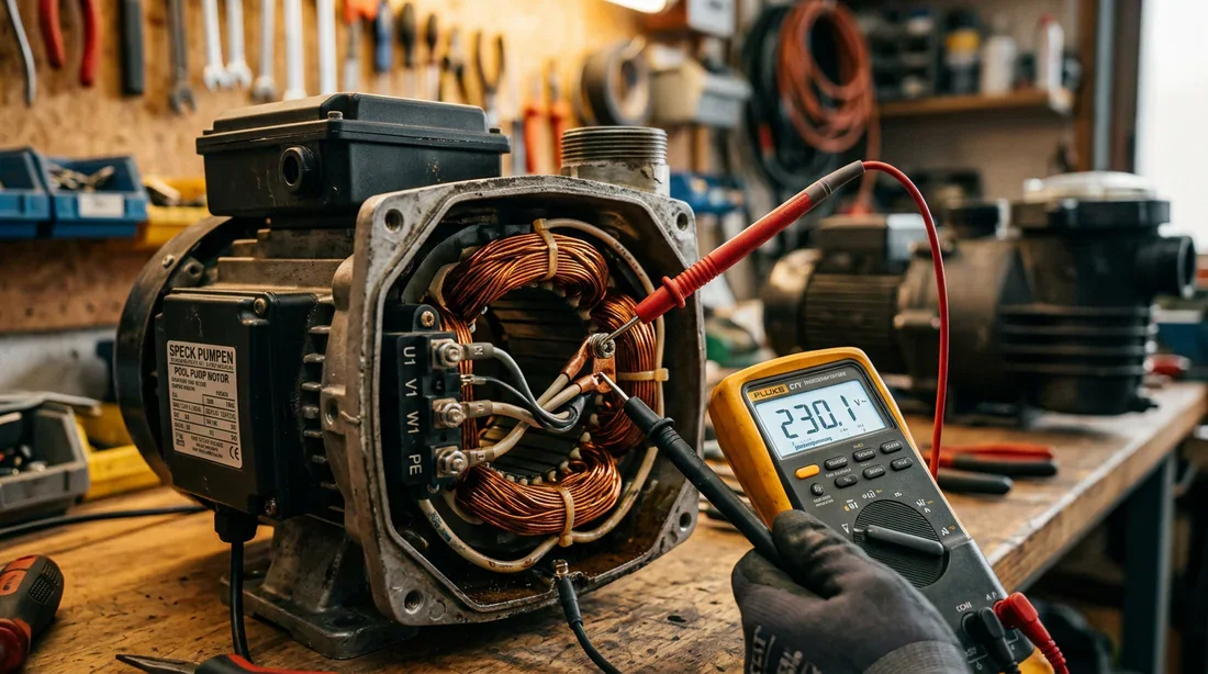 Bloc moteur de pompe de piscine ouvert avec multimètre pour diagnostic électrique